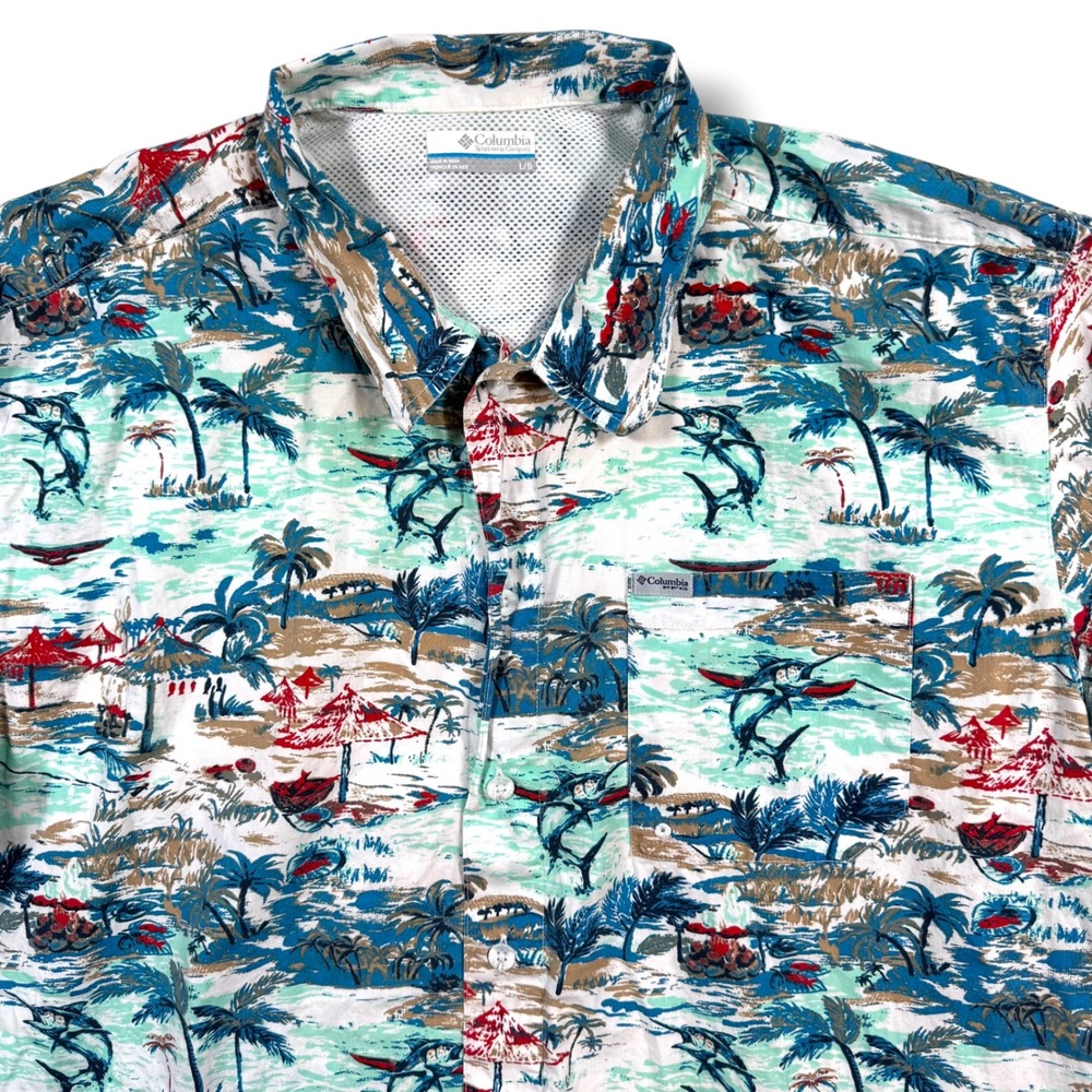 Columbia PFG Fishing Shirt Mens Large White Blue Marlin Tropical Print Vented
